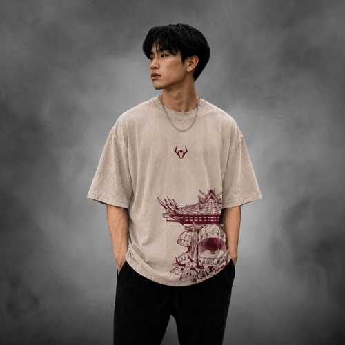 Acid-wash oversized t-shirt with Sukuna anime graphic print.