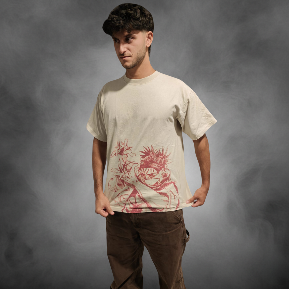 Acid-wash oversized t-shirt with Blood Manipulation anime graphic print.
