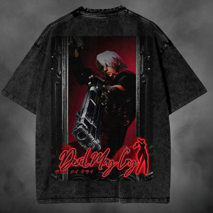 Black acid-wash oversized t-shirt with Dante Devil May Cry 3 game graphic print.