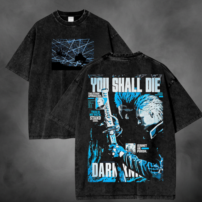 Black acid-wash oversized t-shirt with Vergil Devil May Cry game graphic print.