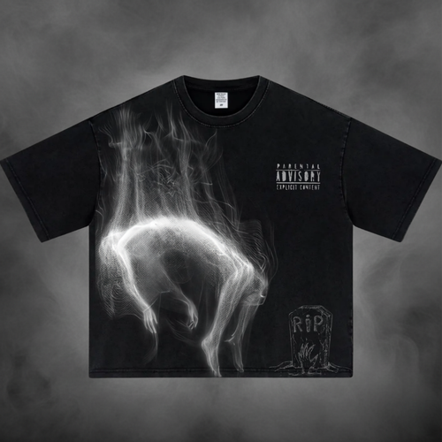 Black oversized streetwear t-shirt with Falling Ghost graphic print.