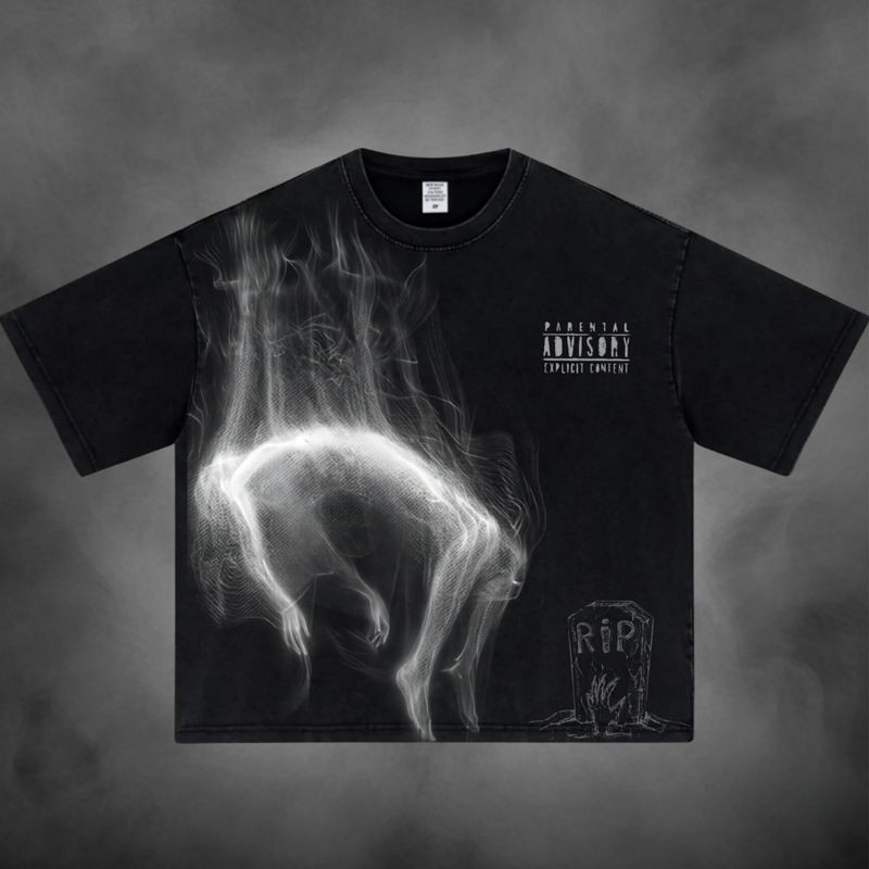 Black oversized streetwear t-shirt with Falling Ghost graphic print.