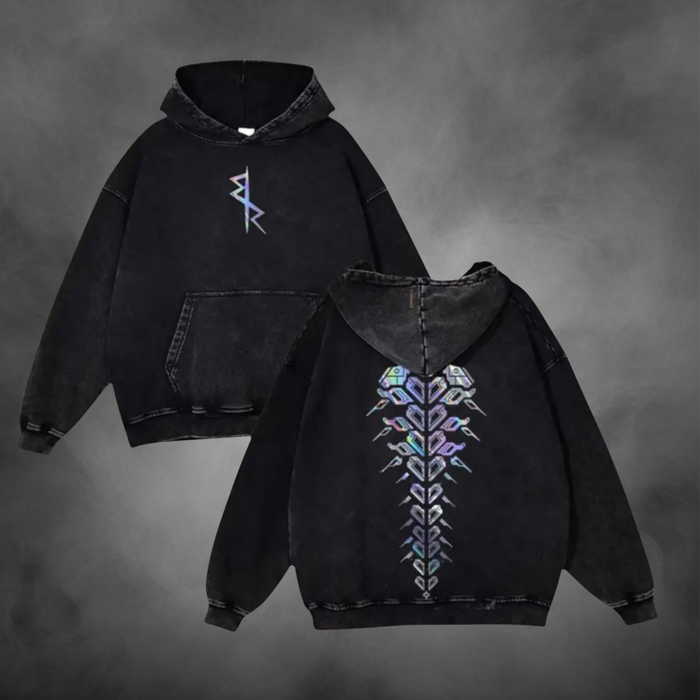 Black acid-wash oversized pullover hoodie with Chrome Sandevistan Cyberpunk Edgerunners anime graphic print.