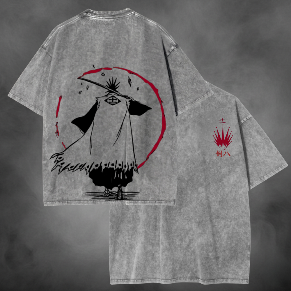 Gray acid-wash oversized t-shirt with clean Kenpachi silhouette back graphic and red front emblem.