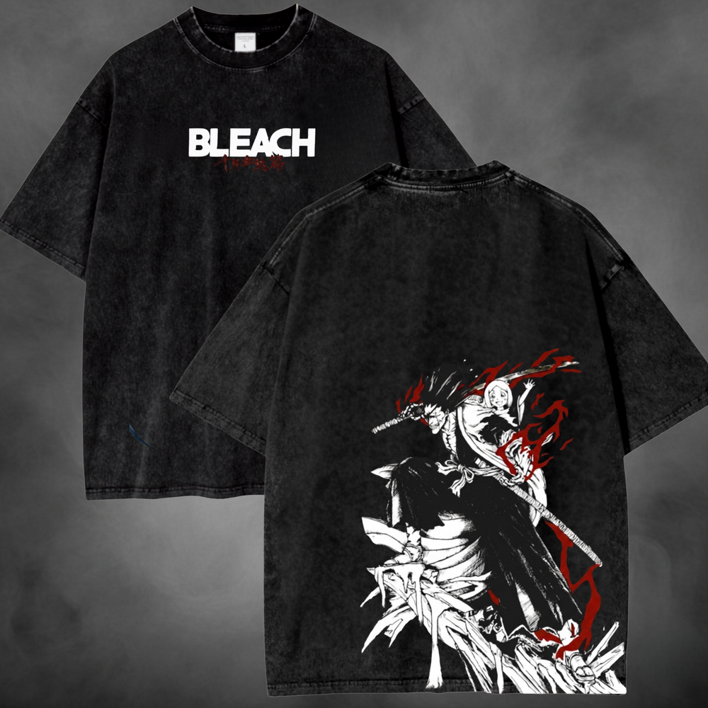 Black acid-wash oversized t-shirt with Kenpachi carrying Yachiru in the back graphic and Bleach front logo.
