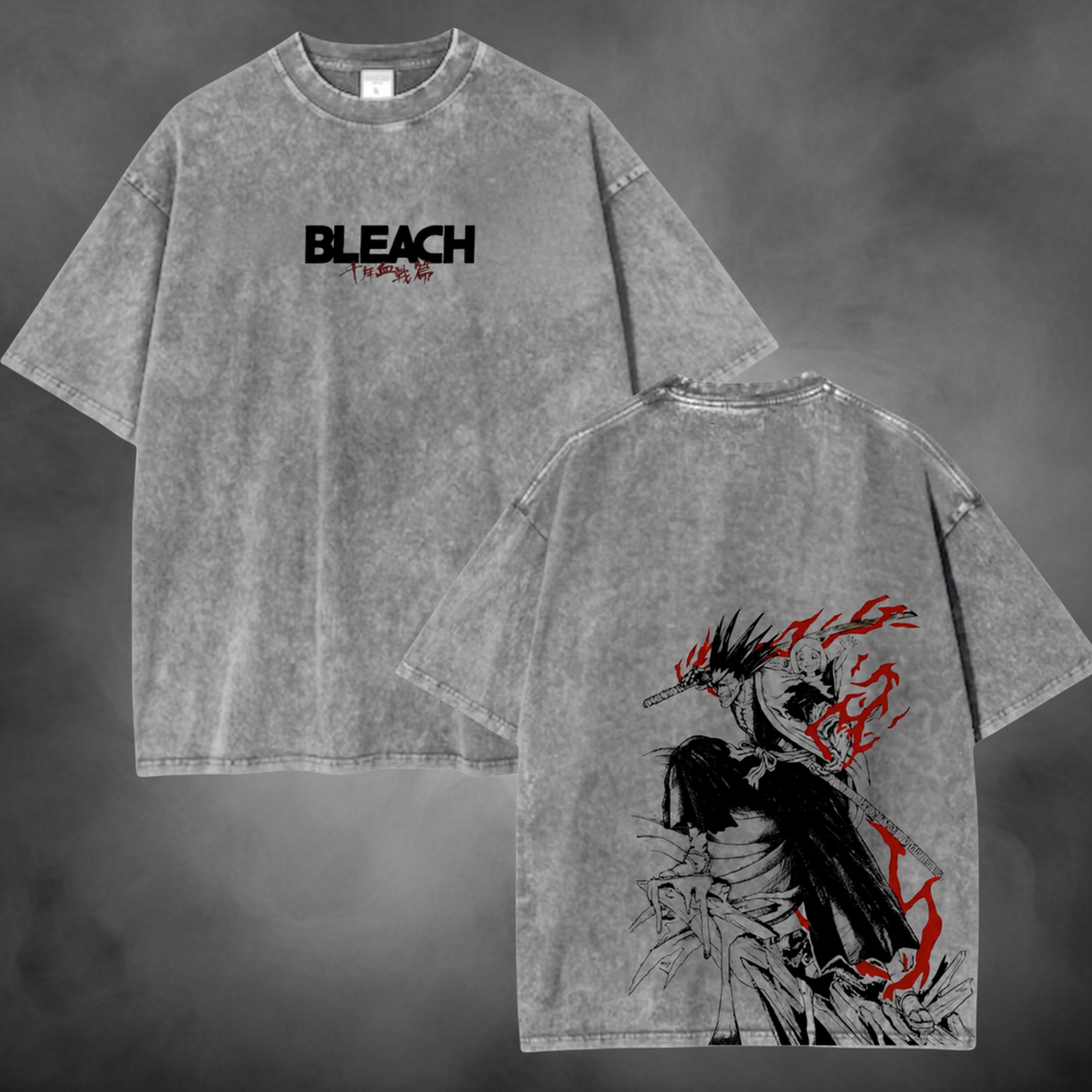 Gray acid-wash oversized t-shirt with Kenpachi carrying Yachiru in the back graphic and Bleach front logo.