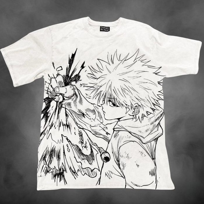 White oversized all-over-print t-shirt with Killua Zoldyck manga Hunter x Hunter graphic print.