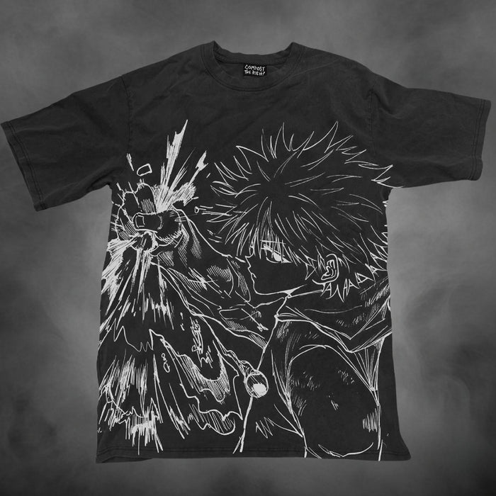 Black oversized all-over-print t-shirt with Killua Zoldyck dark Hunter x Hunter manga graphic print.