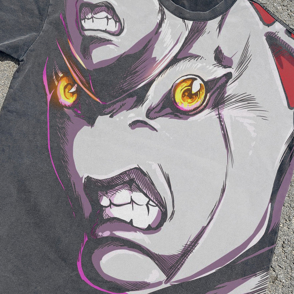 King Crimson JoJo Bizarre Adventure acid-wash graphic tee back. NANAKAGE