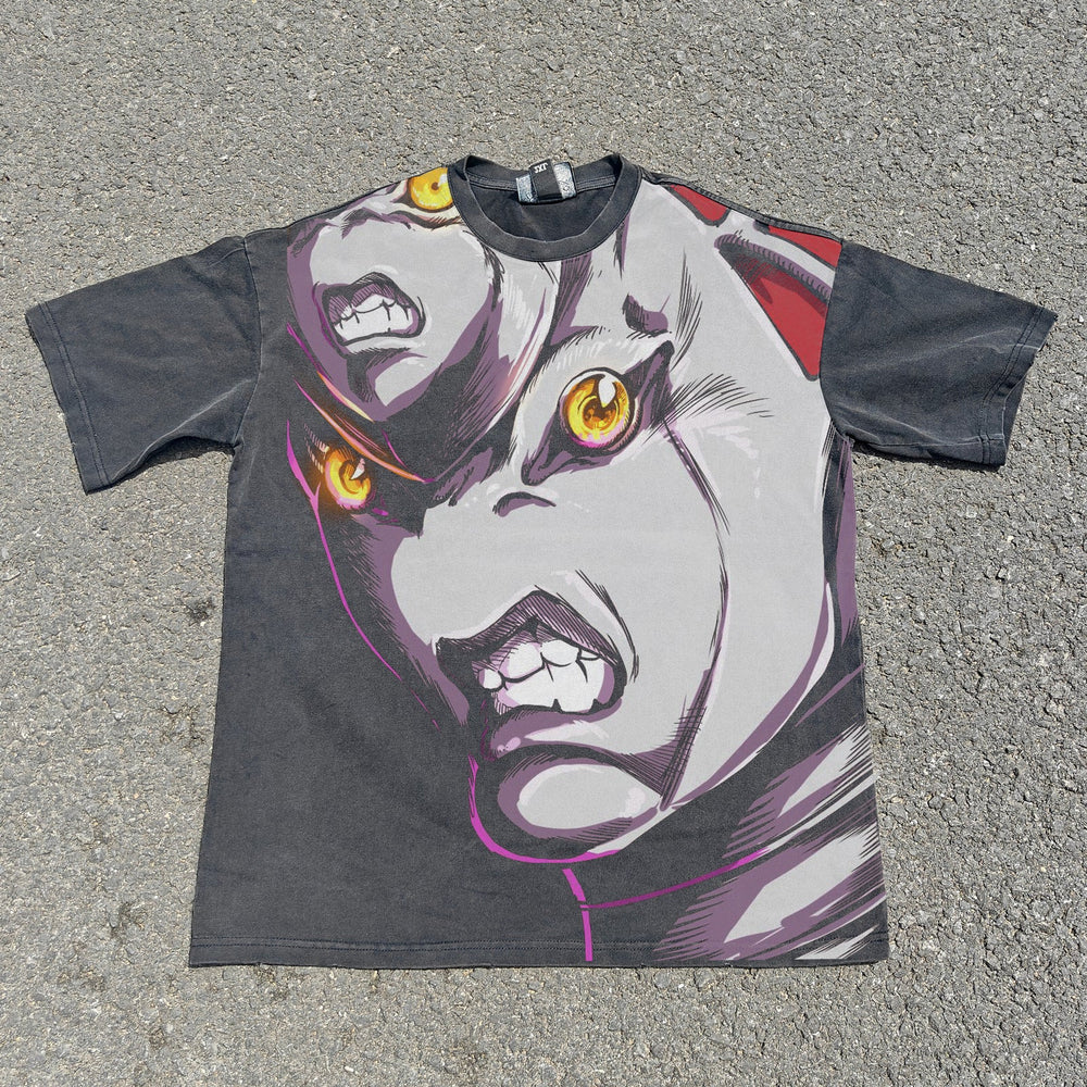 King Crimson JoJo Bizarre Adventure acid-wash graphic tee front. NANAKAGE