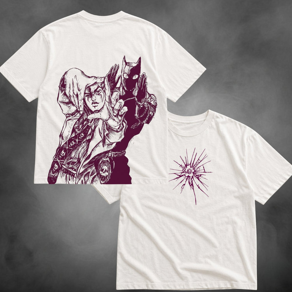 White oversized t-shirt with Yoshikage Kira Killer Queen JoJo Bizarre Adventure manga graphic print.