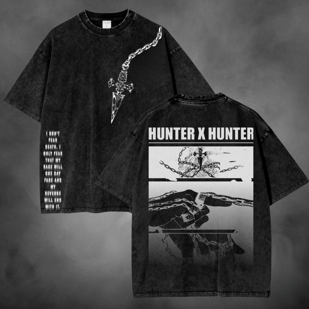 Black acid-wash oversized t-shirt with Kurapika chain front graphic and Hunter x Hunter back print.