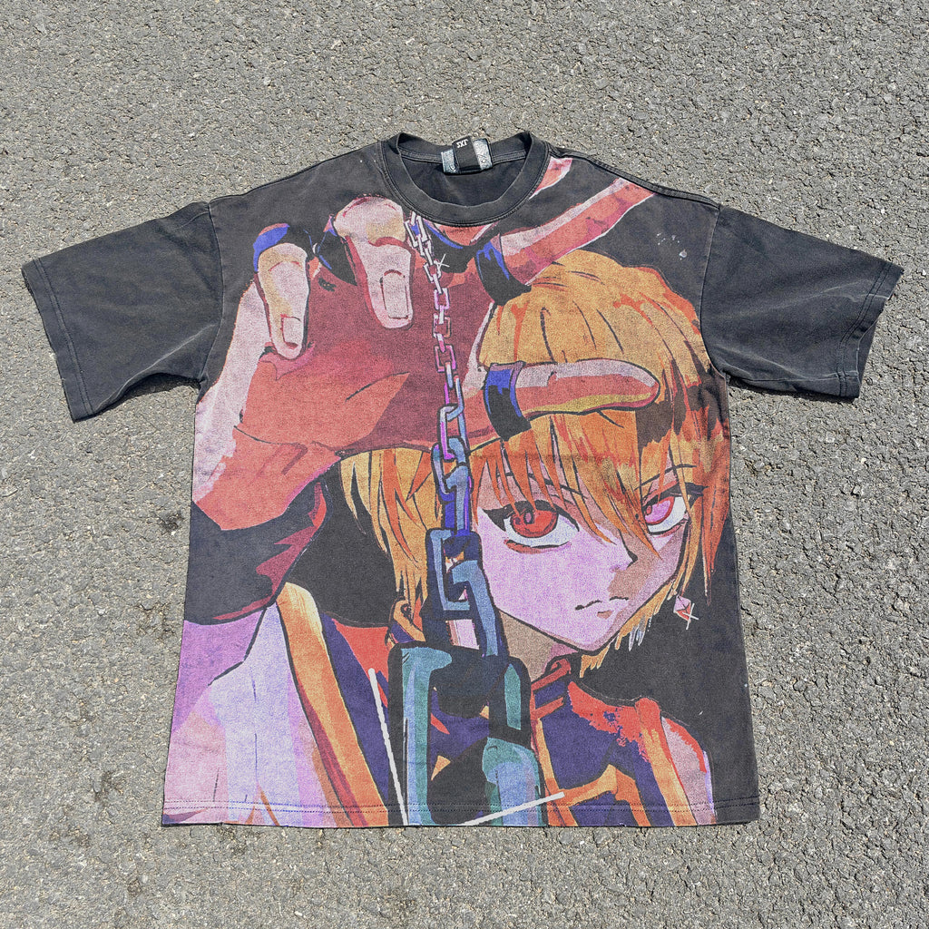 Acid-wash oversized all-over-print tee with Kurapika anime graphic print.
