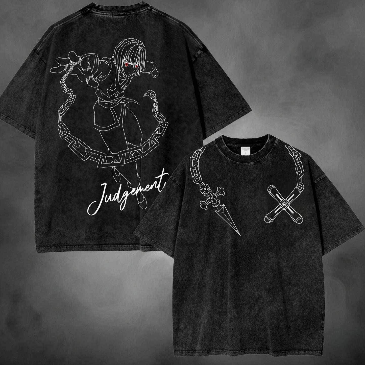 Black acid-wash oversized t-shirt with Kurapika Judgement chain Hunter x Hunter anime graphic print.