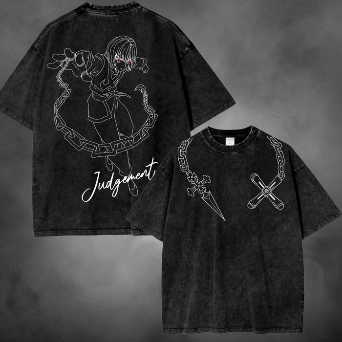 Black acid-wash oversized t-shirt with Kurapika Judgement chain Hunter x Hunter anime graphic print.