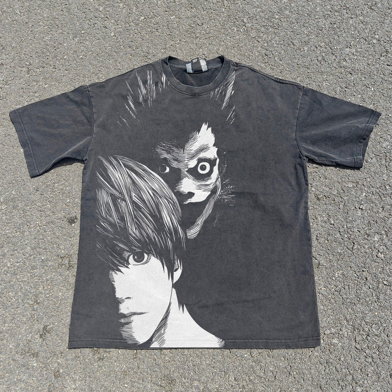 Acid-wash oversized all-over-print tee with Light & Ryuk anime graphic print.