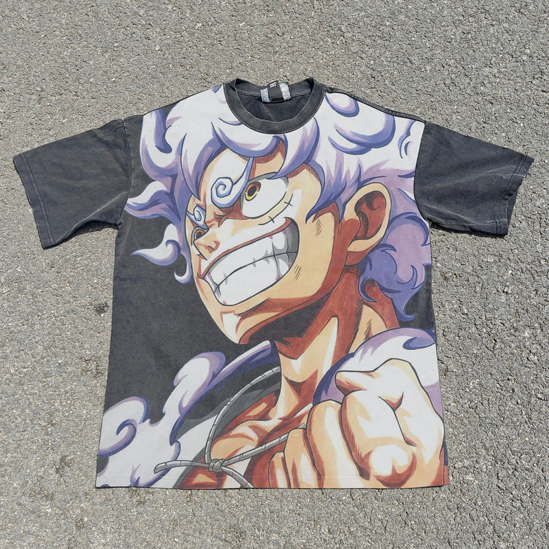 Acid-wash oversized all-over-print tee with Luffy Gear 5 anime graphic print.