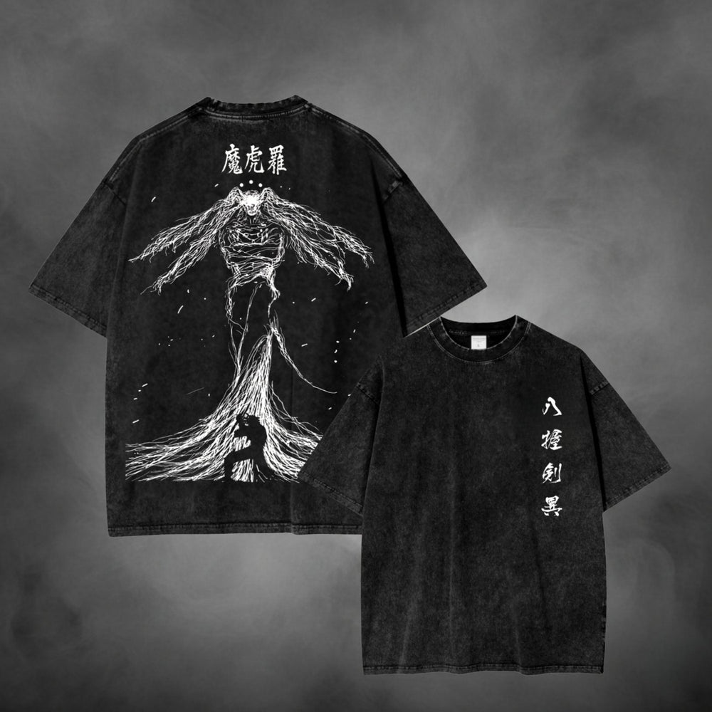 Acid-wash oversized t-shirt with Mahoraga anime graphic print.