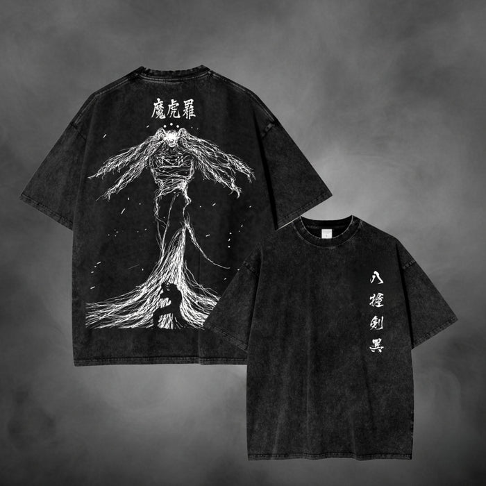 Acid-wash oversized t-shirt with Mahoraga anime graphic print.