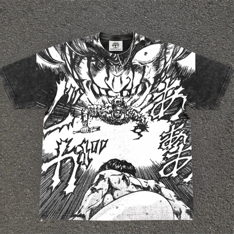 Black oversized tee with black-and-white Berserk Eclipse artwork showing Guts' anguished face and his struggle against an apostle.