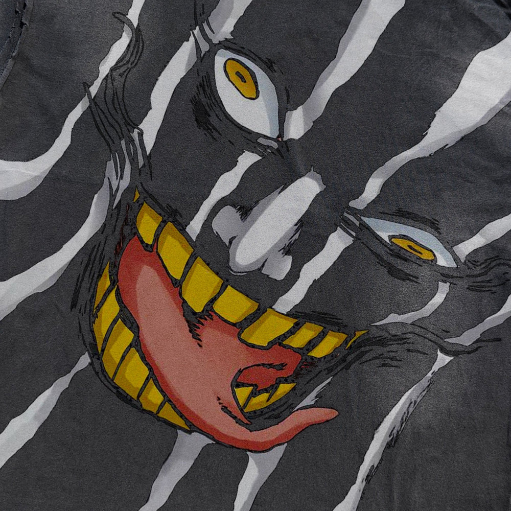 Acid-wash oversized all-over-print tee with Mayuri Kurotsuchi anime graphic print.