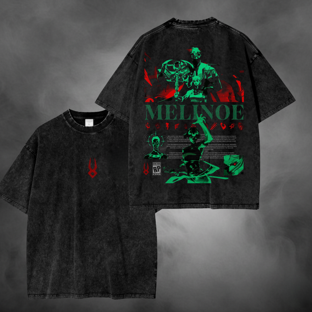 Black acid-wash oversized t-shirt with Melinoe red and green game graphic print.