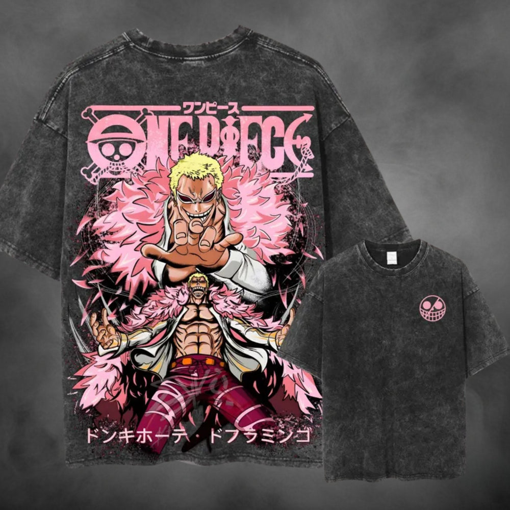 Acid-wash oversized t-shirt with Flamingo Burst anime graphic print.