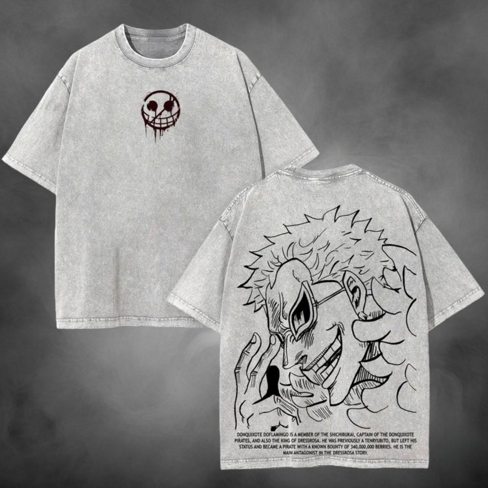 Acid-wash oversized t-shirt with Flamingo Lore anime graphic print.