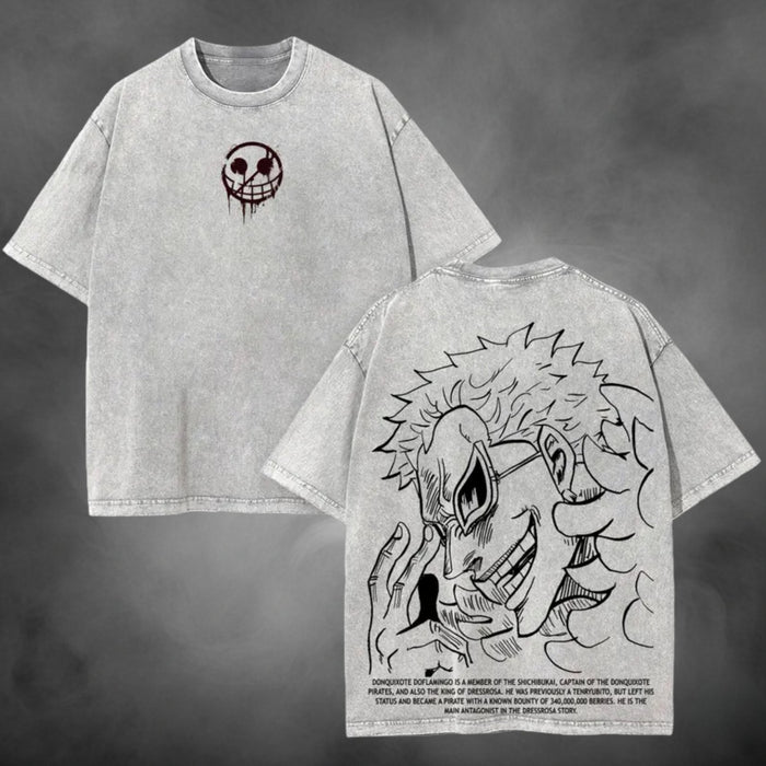 Acid-wash oversized t-shirt with Flamingo Lore anime graphic print.