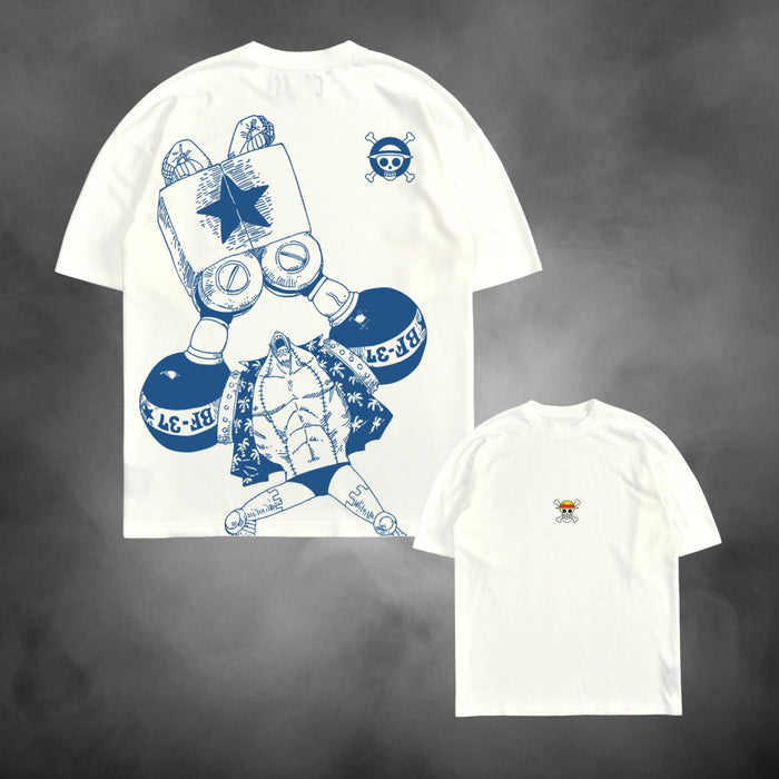 Acid-wash oversized t-shirt with Iron Franky anime graphic print.
