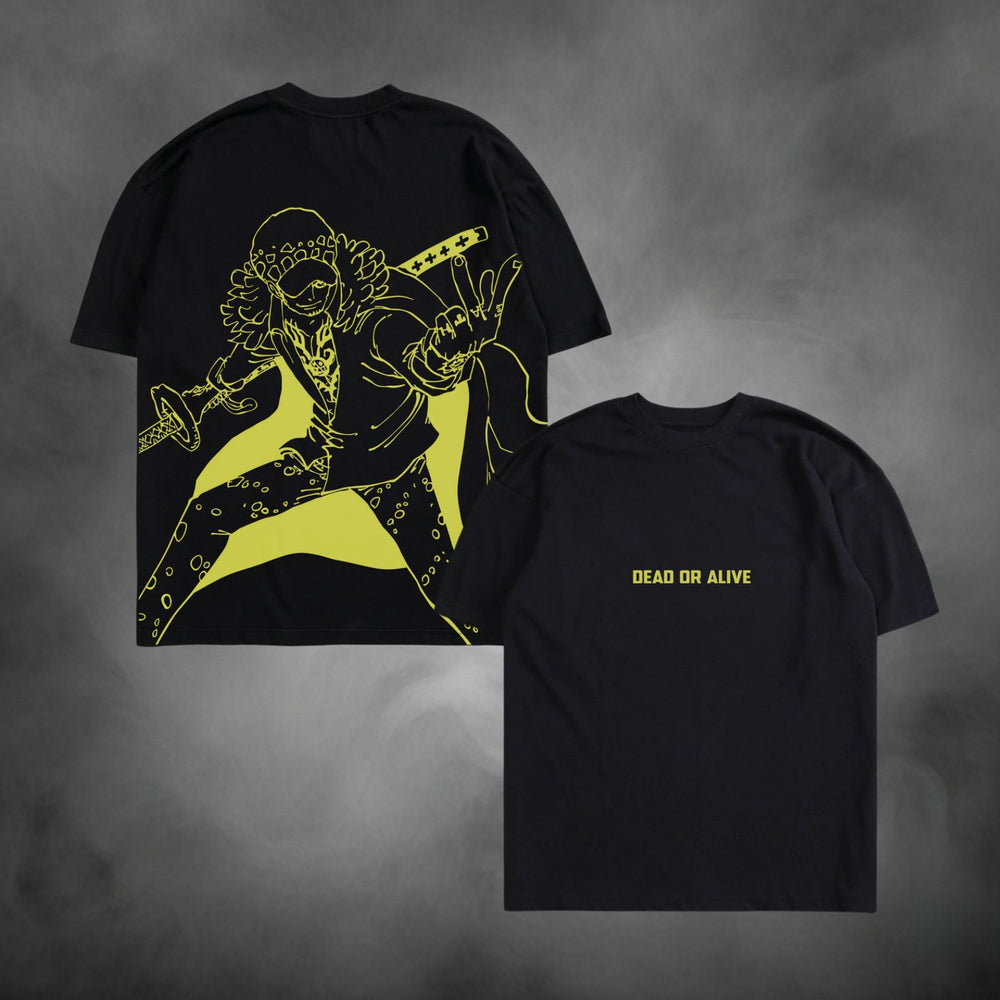 Acid-wash oversized t-shirt with Law Dead Alive anime graphic print.