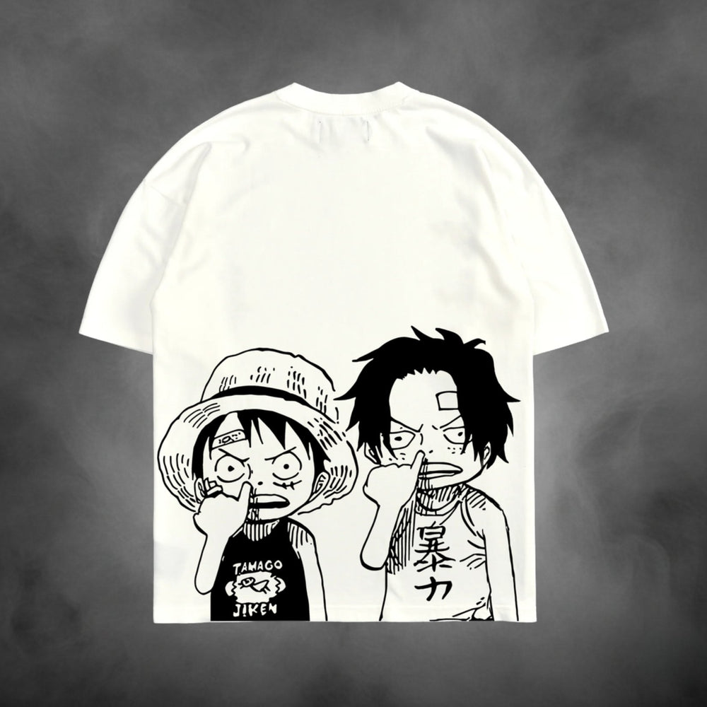 Acid-wash oversized t-shirt with Luffy Ace anime graphic print.
