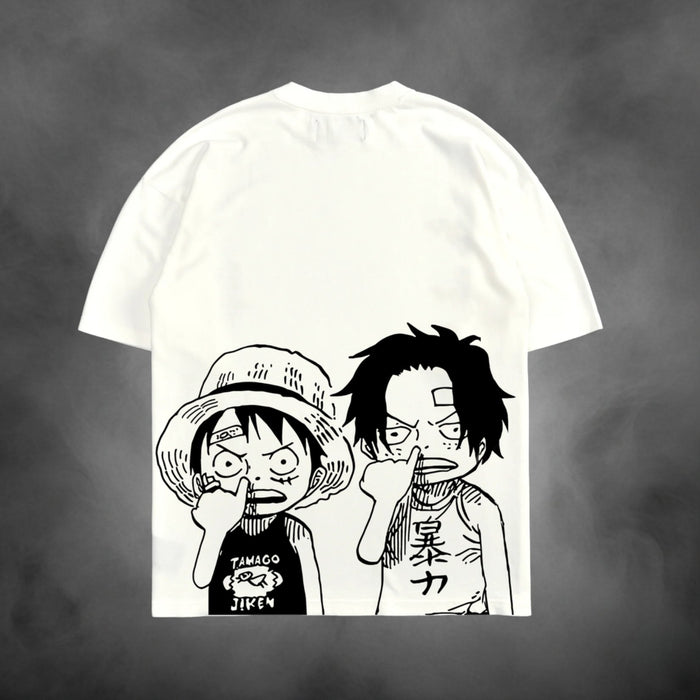 Acid-wash oversized t-shirt with Luffy Ace anime graphic print.