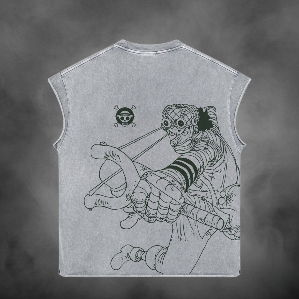 Acid-wash oversized t-shirt with Sniper King anime graphic print.