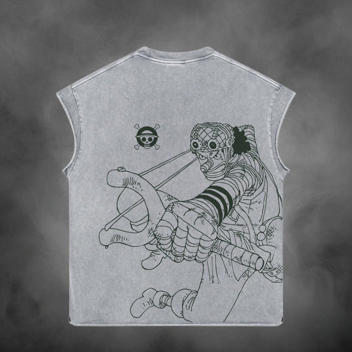 Acid-wash oversized t-shirt with Sniper King anime graphic print.