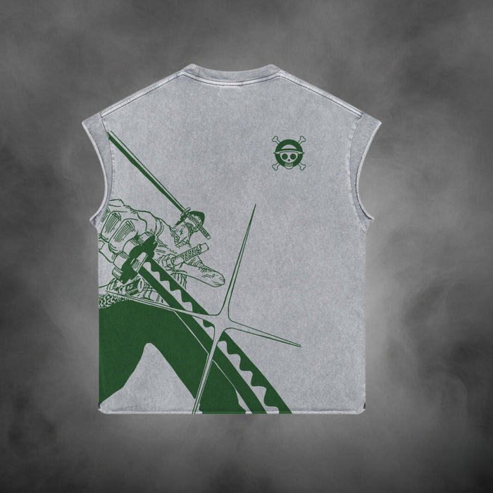 Acid-wash oversized tank with Zoro Sword anime graphic print.