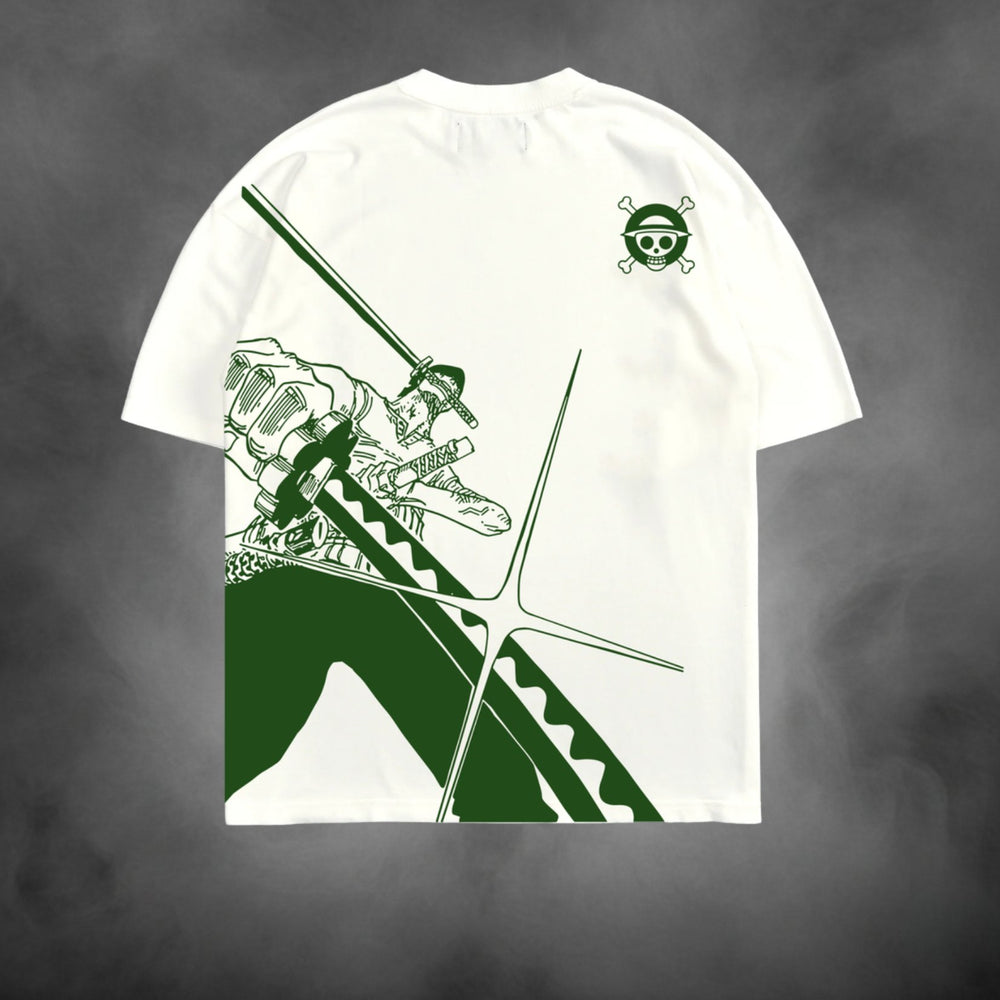 Acid-wash oversized t-shirt with Zoro Sword anime graphic print.