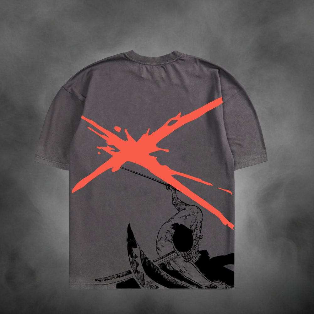 Acid-wash oversized t-shirt with Zoro X Slash anime graphic print.