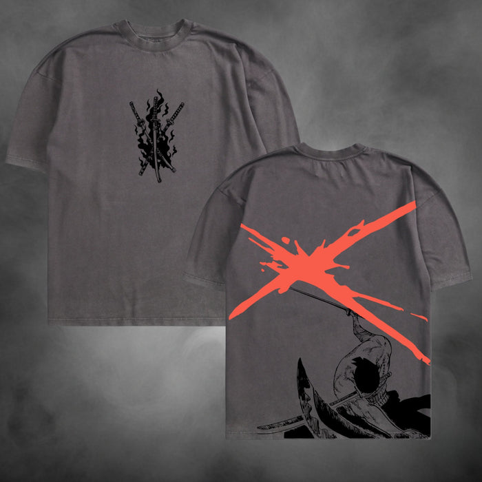 Acid-wash oversized t-shirt with Zoro X Slash anime graphic print.
