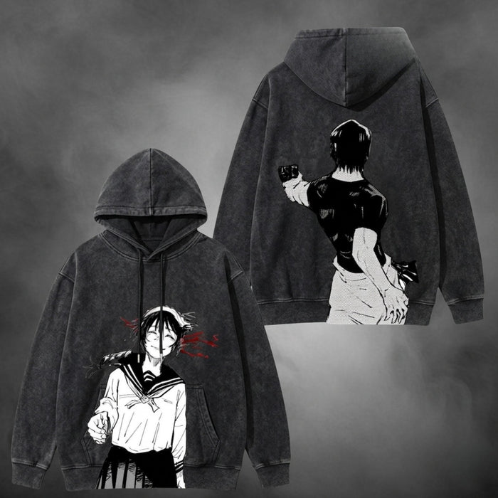 Acid-wash oversized pullover hoodie with Power anime graphic print.