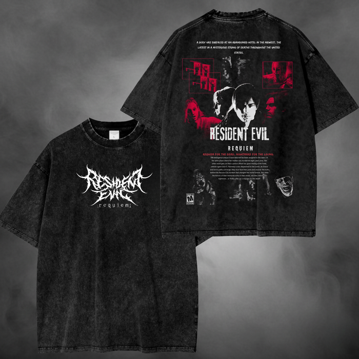Black acid-wash oversized t-shirt with Resident Evil Requiem front logo and red white back collage.
