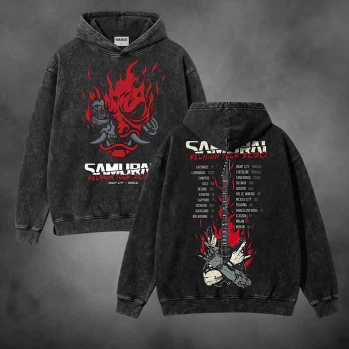 Black acid-wash oversized pullover hoodie with Samurai Reunion Tour Cyberpunk 2077 game graphic print.