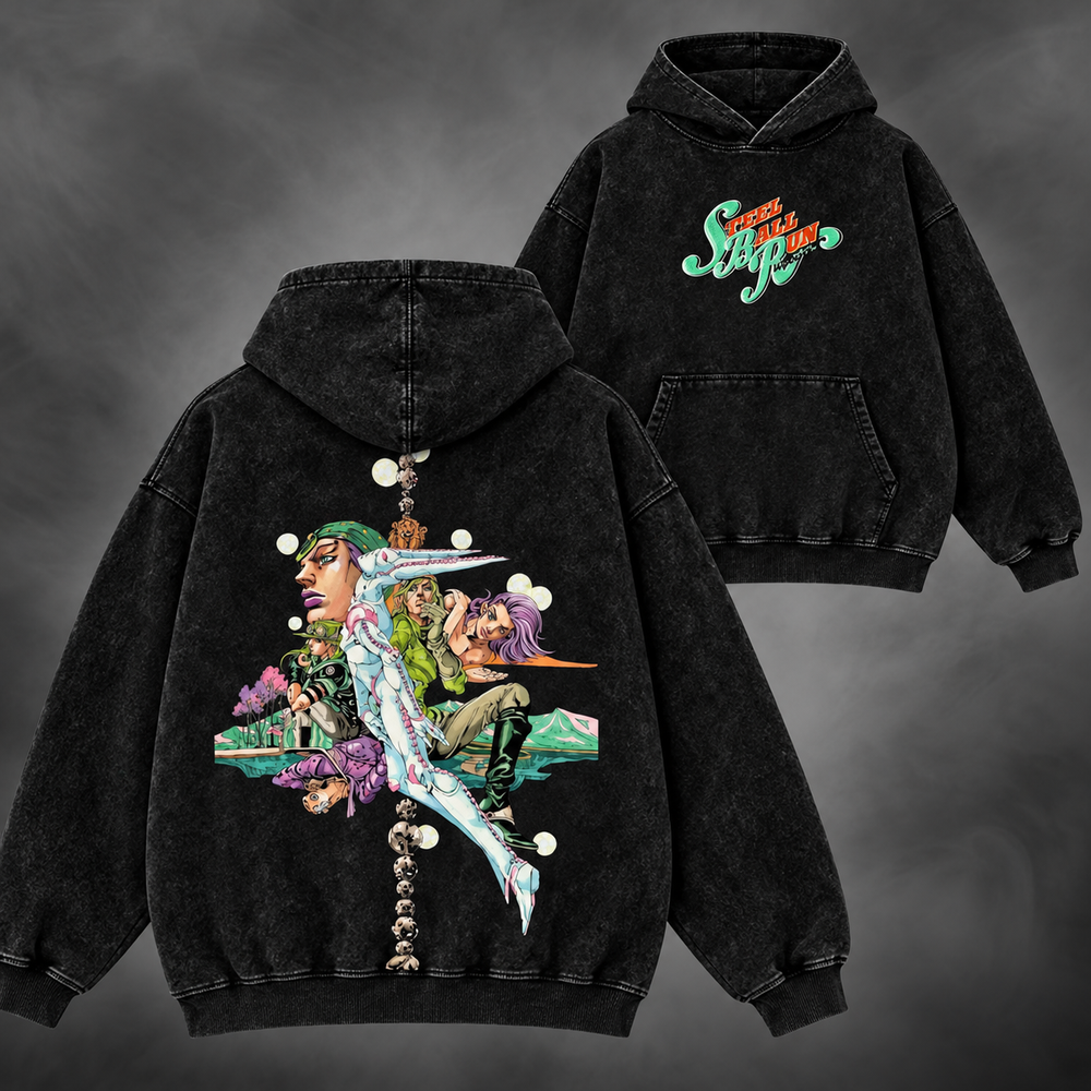 sbr vol9 hoodie black, Black, front and back views with original JoJo artwork