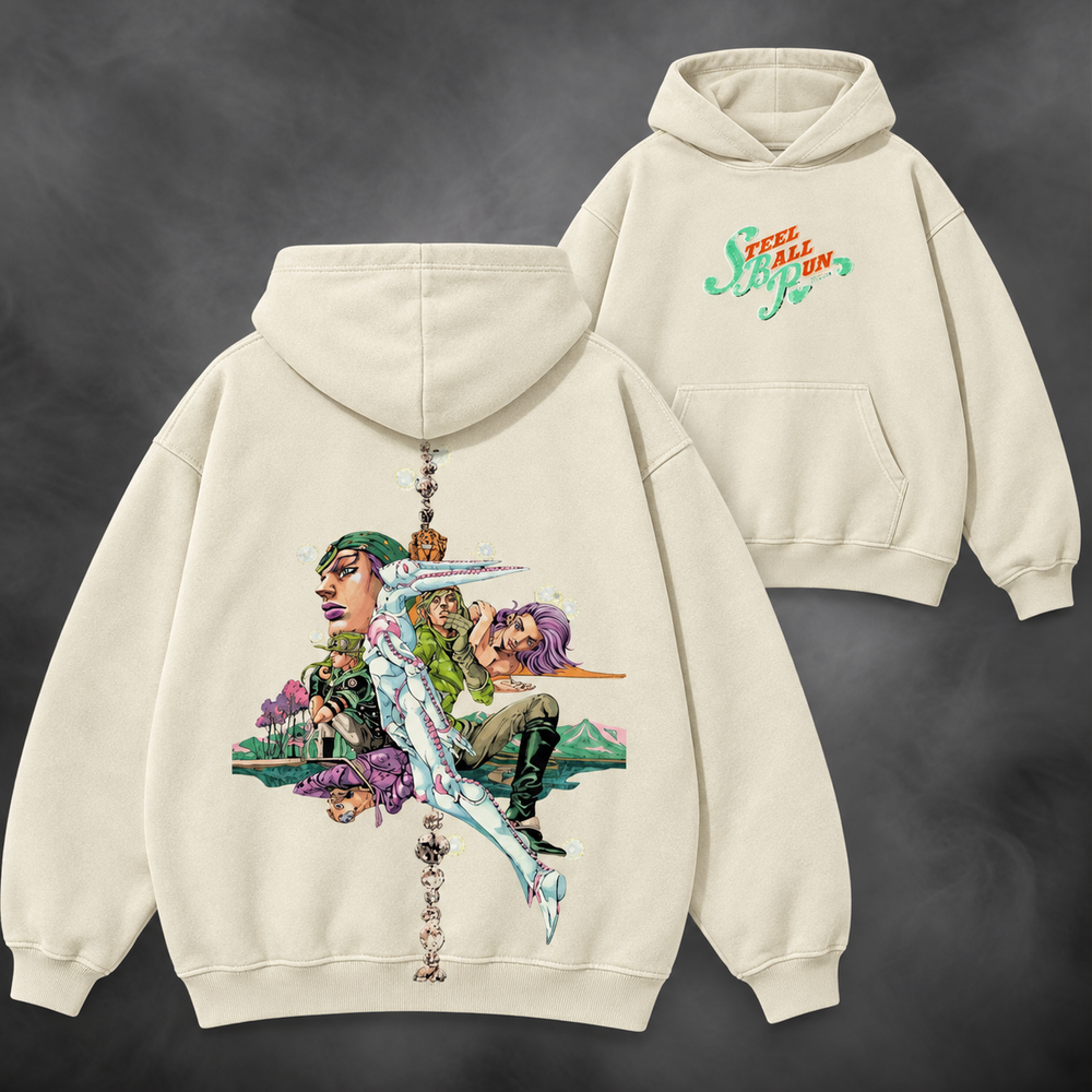 sbr vol9 hoodie cream, Cream, front and back views with original JoJo artwork