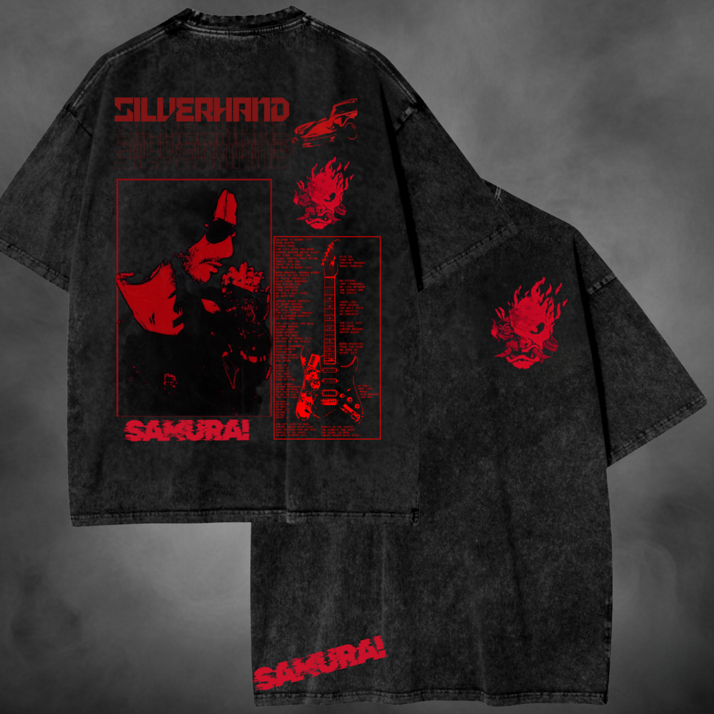 Black acid-wash oversized t-shirt with red Silverhand cyberpunk front and back graphic print.