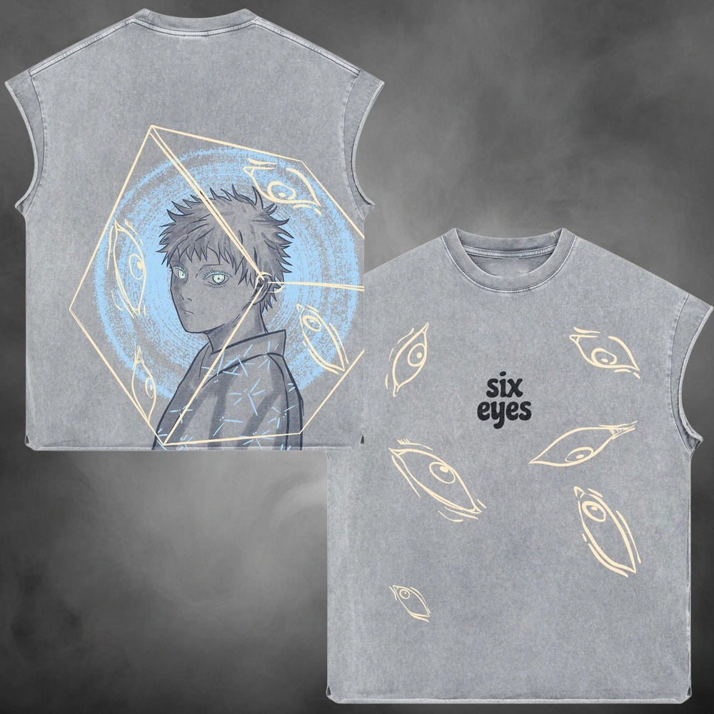 Gray acid-wash oversized sleeveless tank with young Gojo Six Eyes Jujutsu Kaisen anime graphic print.