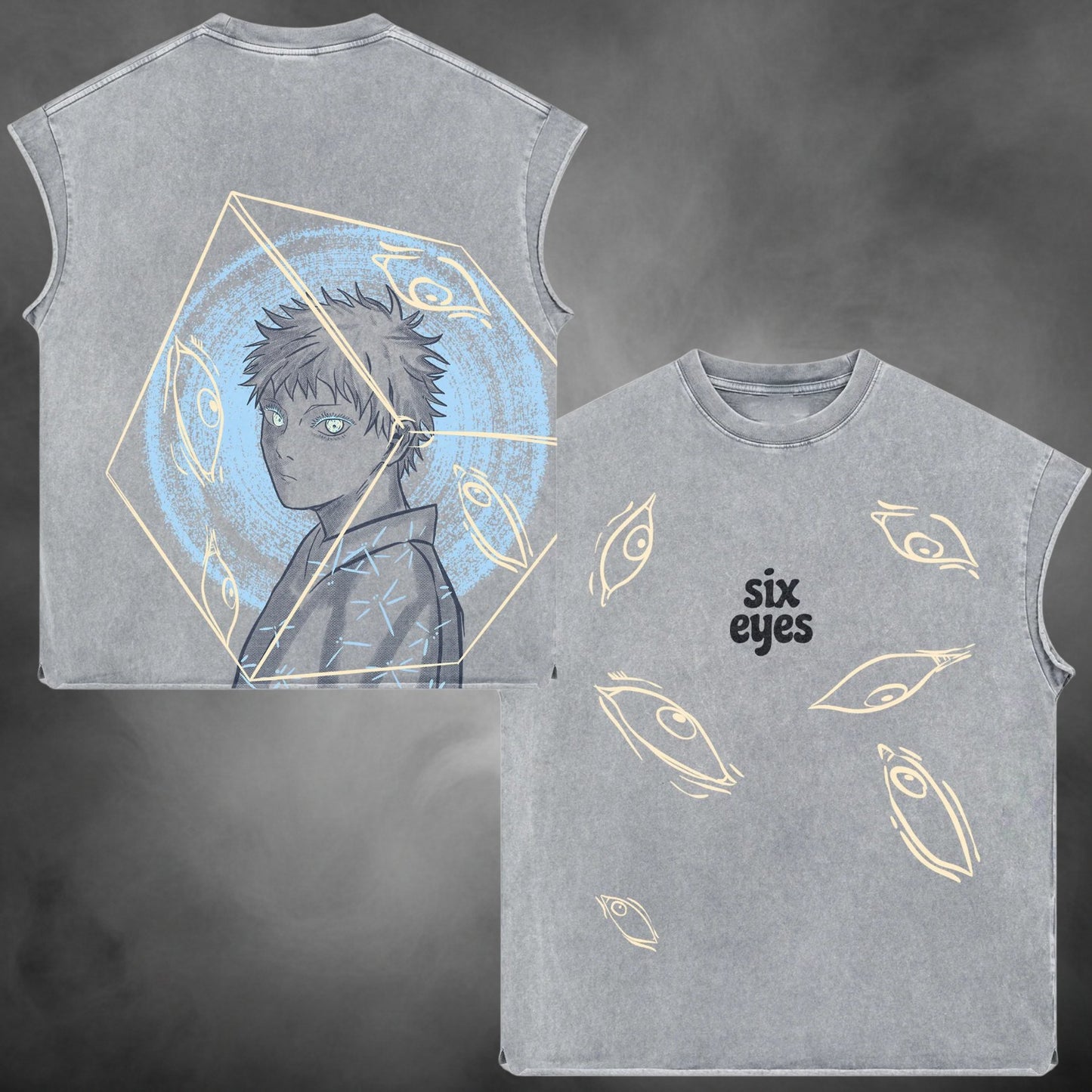 Gray acid-wash oversized sleeveless tank with young Gojo Six Eyes Jujutsu Kaisen anime graphic print.