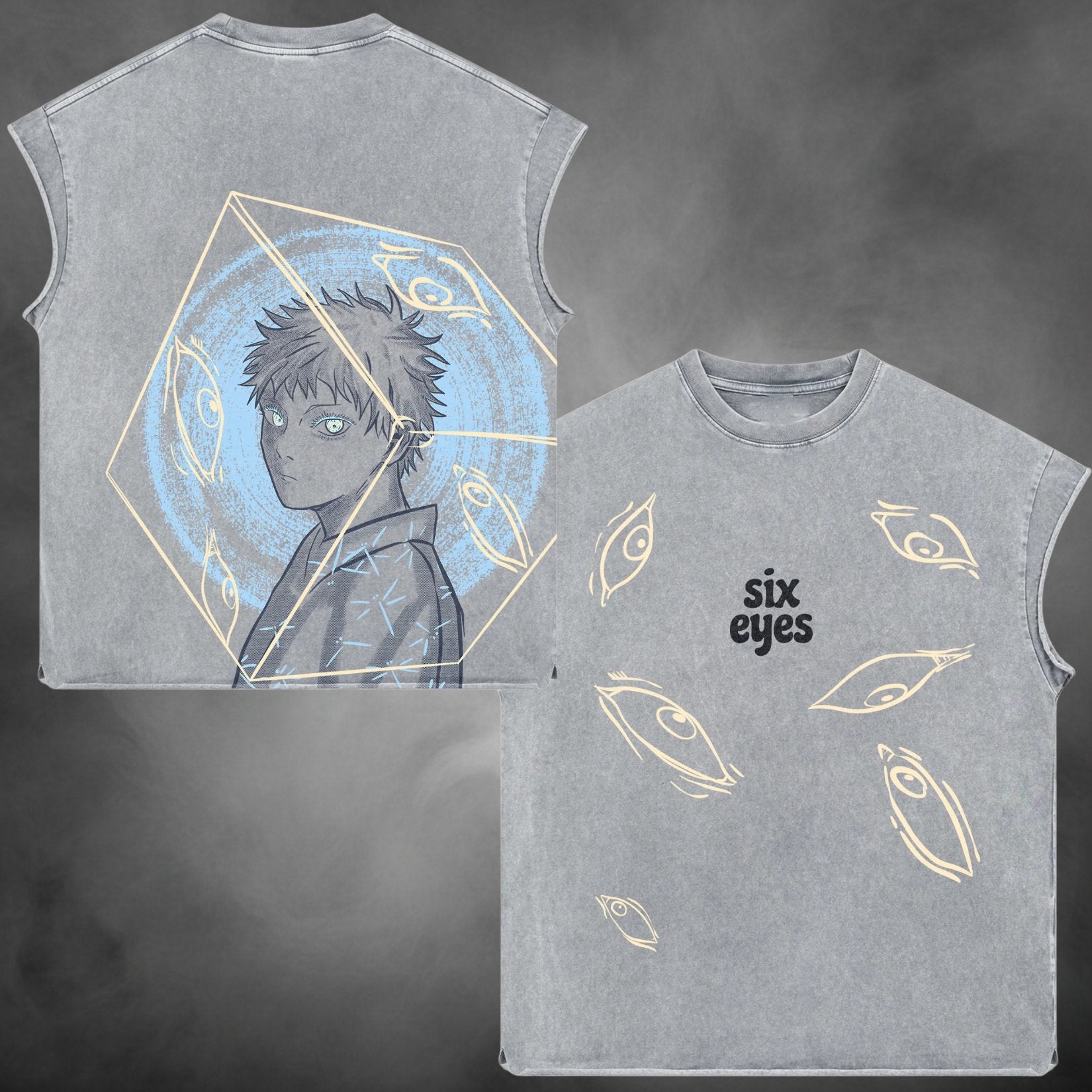 Gray acid-wash oversized sleeveless tank with young Gojo Six Eyes Jujutsu Kaisen anime graphic print.