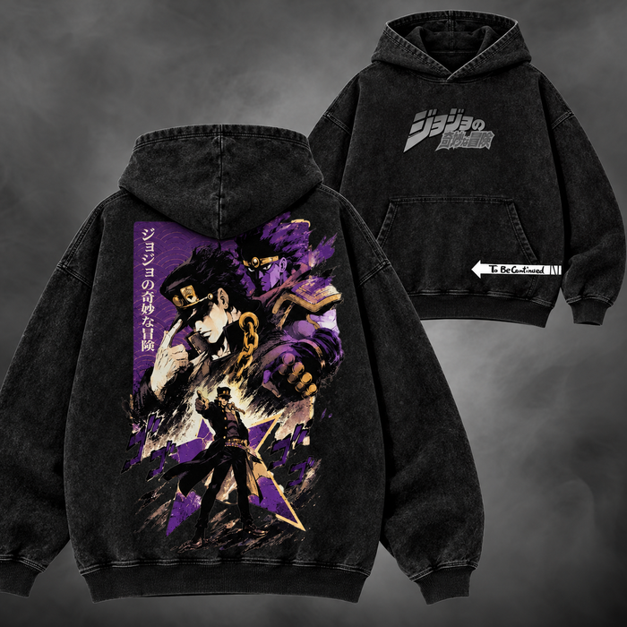 stardust manga hoodie v1, washed black, front and back views with original JoJo artwork