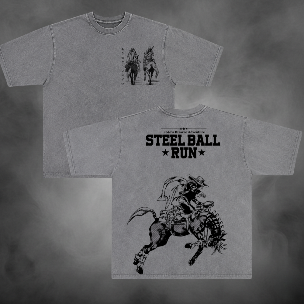 Gray acid-wash oversized t-shirt with Steel Ball Run riders front and back graphic print.